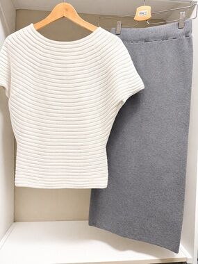 Textured Cream Knit Top & Gray Knit Skirt Set